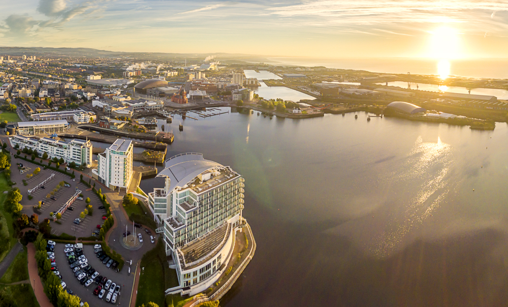 Cardiff Bay, South Wales. Stock aerial drone footage.